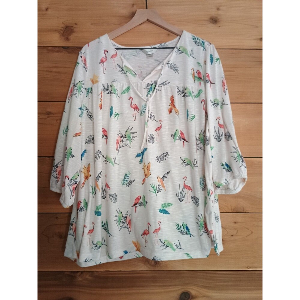 Christopher & Banks 3X Top Shirt Stretch Resort Birds Nature Tunic Blouse 3/4